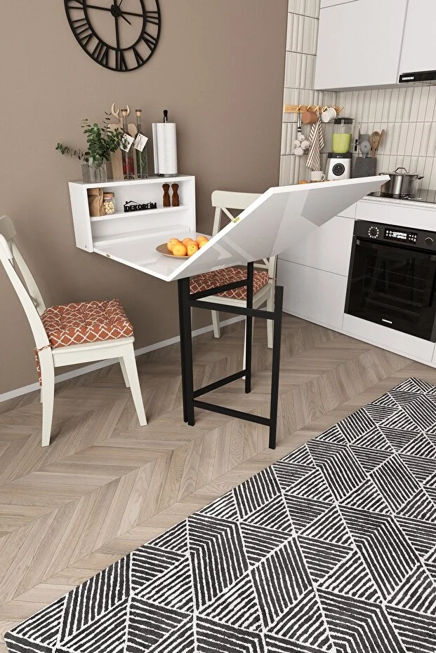 Duvara Monte Siyah Ayaklı Pratik Katlanır Kırma Mutfak ve Beyaz Yemek Masası